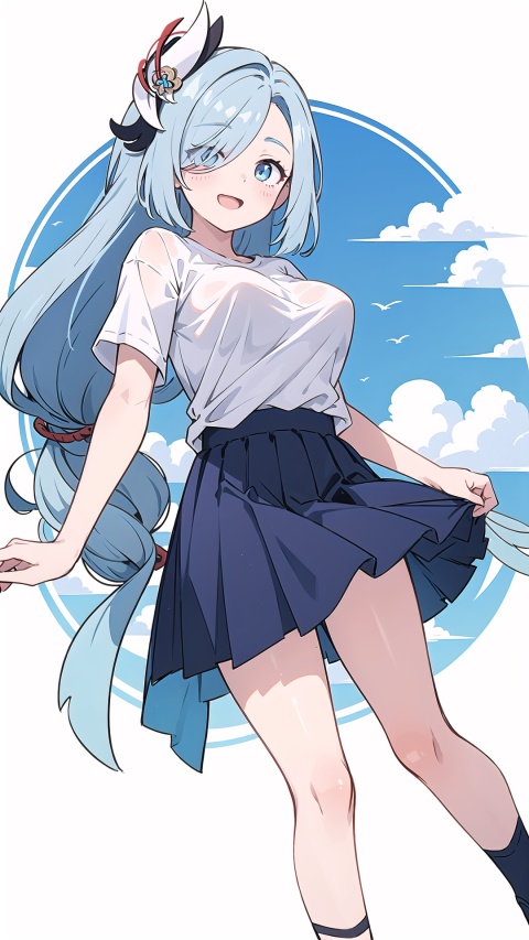  blue eyes, blue hair, hair ornament, solo, large breasts, legs, skirt, (long hair), white t-shirt, hair over one eye,

1girl, , white background, dynamic,
simple background,white t-shirt,
,  dynamic, girl, cloud, ,,,Hands on the back,,,,
open mouth, (laugh),skyscape ,,,,

scenery, masterpiece, best quality, best quality, no_humans, ,yifu,shenhe(genshin impact)