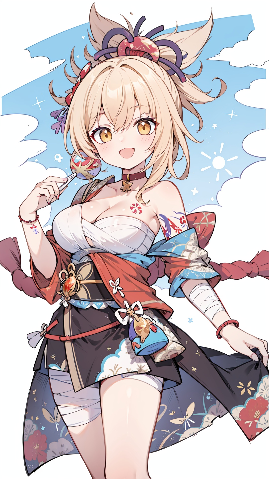  yoimiya (genshin impact),yellow eyes, yellow hair, hair ornament,blonde hair,ponytail,choker,bandages,cleavage,chest tattoo,arm tattoo,bandaged arm,rope,shimenawa,kimono,,,,,,,aheago, solo, (large breasts), legs,(skirt), ,,,,,,,

,1girl, , white background, , clear sky,
simple background,((dance)),,,,
simplecats,girl, clouds,,leaning ,
,(cloud),cumulonimbus,,,,
open mouth, (smile),,one_hand_raised,
,,,,,,

,scenery, masterpiece, best quality, best quality, no_humans, ,mjtyhz,,simple details,,,col,ANIME ,zgct color,,,,