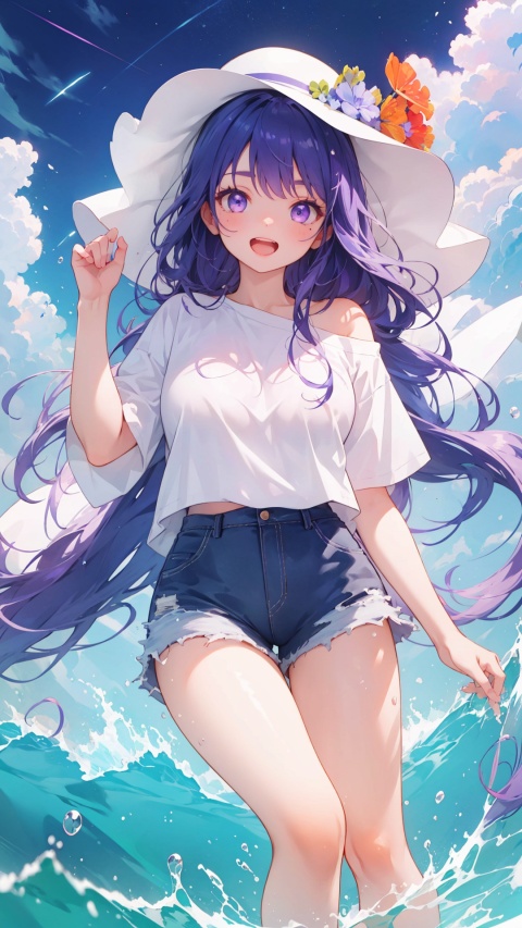  ,purple eyes, purple hair, solo, large breasts, legs, Shorts, , white t-shirt, bare_shoulder,

1girl, ,dynamic,clear sky,((night)),
simple background,white t-shirt,
simplecats, clouds, 
open mouth, (laugh),((hat)), ,((hand_raised)),,


,seaside,
,scenery, masterpiece, best quality, best quality, no_humans, ,mjtyhz,simple details,1girl, veil,haremoutfit,,shuixia,