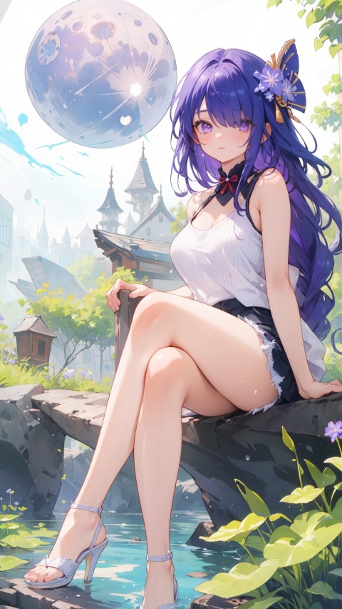 bare shoulders, hair over one eye, 1girl, white background,  raiden shogun,white footwear, sleeveless sweater, purple eyes, hair ornament ,,,pantyhose, high heels, shorts, purple hair, large breasts,,,sleeveless, skirt, long hair


,,,,closed mouth, ,solo, crossed legs, , legs, sitting, simple background, , looking at viewer,  pond under feet,


masterpiece, best quality, scenery, 
, sitting moon, kyoushitsu, moon, no_humans,, long hair, 