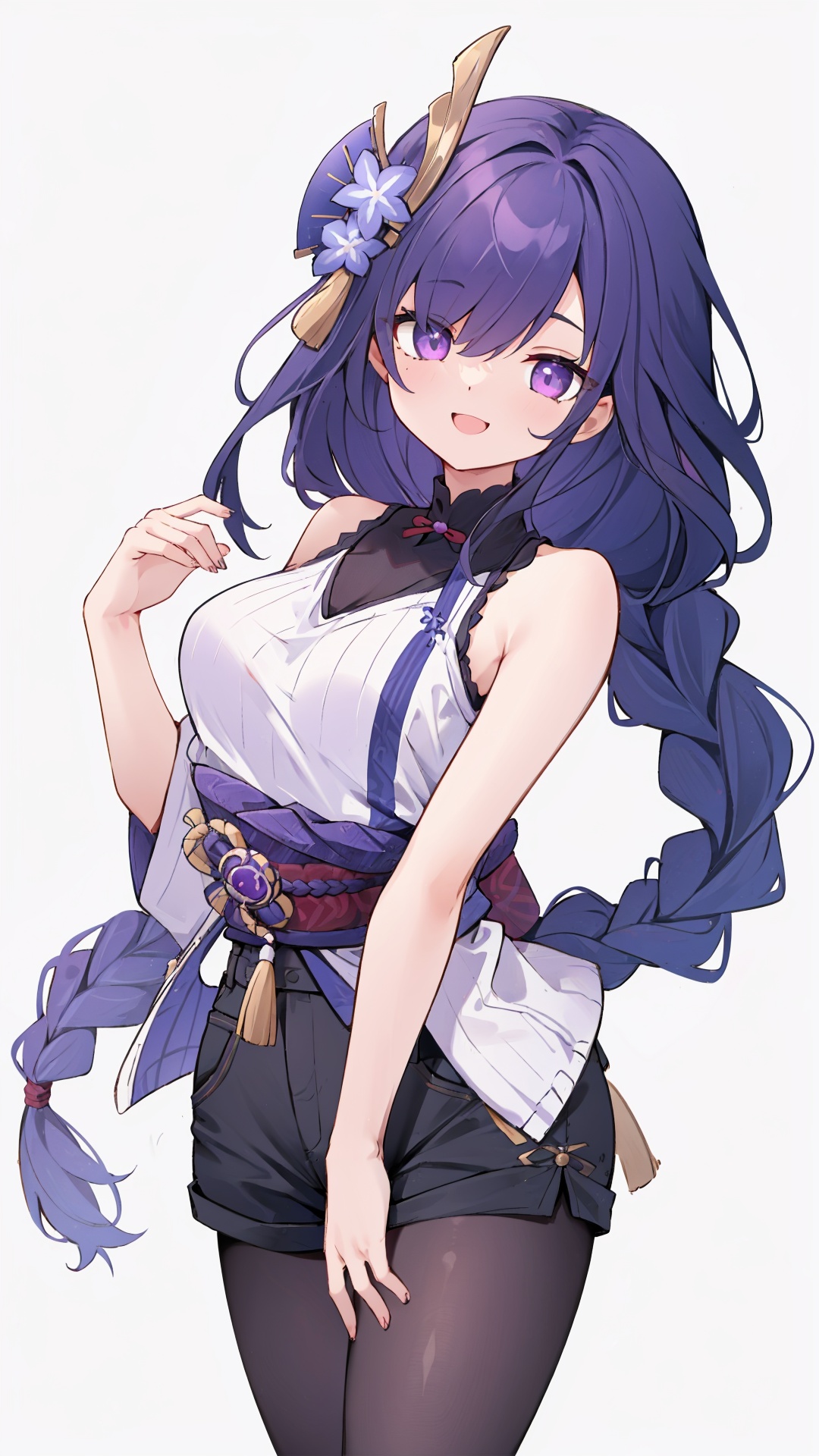  bare shoulders, hair over one eye, 1girl, raiden shogun,black footwear, sleeveless sweater, purple eyes, hair ornament ,,,black pantyhose, shorts, purple hair, large breasts,,,sleeveless, skirt, long hair,,clogs,,


,,dynamic,dance,open mouse,smile ,laugh ,solo, , , legs, simple background, , looking at viewer, ,open mouse,,,


masterpiece, best quality, scenery, 
, ,,, no_humans,, long hair,long hair, japanese clothes, braided ponytail