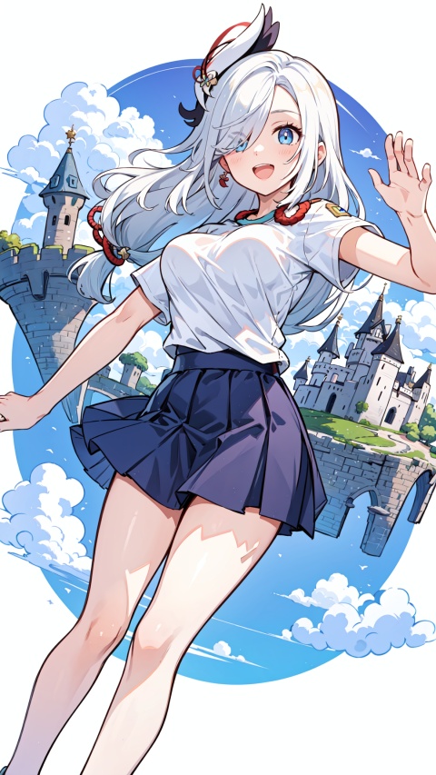  blue eyes, white hair, hair ornament, solo, large breasts, legs, (skirt), (long hair), (white t-shirt), hair over one eye,,
, tinted_eyewear,,,,

,,,1girl, , ,dance,dynamic,,simple_background ,,
, white t-shirt, , , , , ,girl, cloud, , , cumulonimbus, , ,
open mouth, , skyscape , smile,,,distant castle,,castle,,

,,,,scenery, masterpiece, best quality, best quality, no_humans, , shenhe(genshin impact), , 