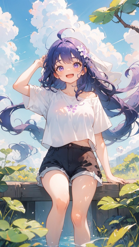 ,purple eyes, purple hair, solo, large breasts, legs, Shorts, (long hair), white t-shirt, Ahoge ,bare_shoulder,

1girl, ,dynamic,clear sky,
simple background,white t-shirt,
simplecats, clouds, 
open mouth, (laugh),

,scenery, masterpiece, best quality, best quality, no_humans, ,mjtyhz,simple details,1girl, veil,haremoutfit,,shuixia,