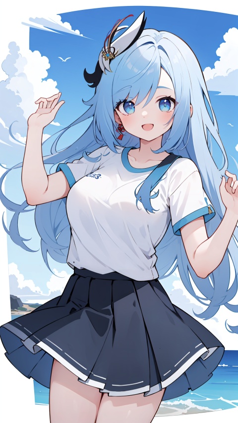 blue eyes, blue hair, hair ornament, solo, large breasts, legs, (skirt), (long hair), (white t-shirt), hair over one eye,

1girl, , ,dance,dynamic
, white t-shirt, , , , , ,girl, cloud, , , cumulonimbus,  , coast,
open mouth, , skyscape , smile,,,,,

,,,,scenery, masterpiece, best quality, best quality, no_humans, , shenhe(genshin impact), , simple details