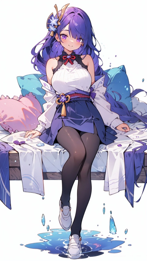 bare shoulders, hair over one eye, 1girl, white background,  raiden shogun,white footwear, sleeveless sweater, purple eyes, hair ornament ,,,pantyhose, shorts, purple hair, large breasts,,,sleeveless, skirt, long hair


,,,open mouse,smile ,laugh ,solo, , , legs,  simple background, , looking at viewer,  pond under feet,pillow,,,,


masterpiece, best quality, scenery, 
,  kyoushitsu,,, no_humans,, long hair, 