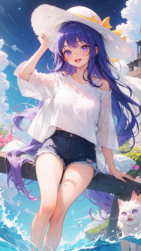  ,purple eyes, purple hair, solo, large breasts, legs, Shorts, , white t-shirt, bare_shoulder,

1girl, ,dynamic,clear sky,((night)),
simple background,white t-shirt,
simplecats, clouds, 
open mouth, (laugh),((hat)), ,((hand_raised)),,


,seaside,
,scenery, masterpiece, best quality, best quality, no_humans, ,mjtyhz,simple details,1girl, veil,haremoutfit,,shuixia,