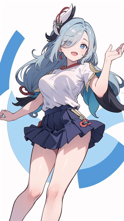  blue eyes, blue hair, hair ornament, solo, large breasts, legs, (skirt), (long hair), white t-shirt, hair over one eye,

1girl, , white background, dynamic,
simple background,white t-shirt,tilt body,,,,
, dynamic, girl, cloud, ,,,,,,
open mouth, (laugh),skyscape ,upper_body,,,

scenery, masterpiece, best quality, best quality, no_humans, ,yifu,shenhe(genshin impact)