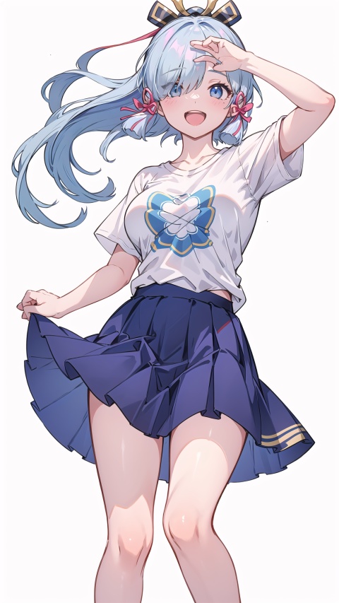  kamisato ayaka, blue eyes, blue hair, hair ornament, solo, large breasts, legs, skirt, (long hair), white t-shirt, hair over one eye,

1girl, , white background, dynamic,
simple background,white t-shirt,
simplecats, graffiti, dynamic, girl, cloud, 
open mouth, (laugh), full boby,

scenery, masterpiece, best quality, best quality, no_humans, ,yifu