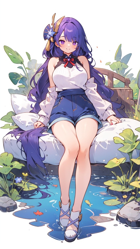 bare shoulders, hair over one eye, 1girl, white background,  raiden shogun,white footwear, sleeveless sweater, purple eyes, hair ornament ,,,pantyhose, shorts, purple hair, large breasts,,,sleeveless, skirt, long hair,,clogs,,


,,,open mouse,smile ,laugh ,solo, , , legs,  simple background, , looking at viewer,  pond under feet,pillow,,,,


masterpiece, best quality, scenery, 
,  kyoushitsu,,, no_humans,, long hair, 