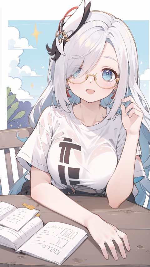  blue eyes, white hair, hair ornament, solo, large breasts, legs, (skirt), (long hair), (white t-shirt), hair over one eye,,
, tinted_eyewear,,eyeglasses,,

,,,1girl, , ,dance,dynamic,,simple_background ,,
, white t-shirt, , , , , ,girl, clouds,,(Lie on the table),,,
open mouth, , , smile,(orange juice),upper_body,

,,,,scenery, masterpiece, best quality, best quality, no_humans, , shenhe(genshin impact), ,