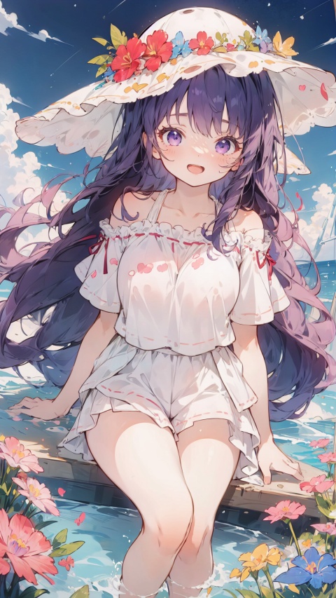 ,purple eyes, purple hair, solo, large breasts, legs, Shorts, , white t-shirt, bare_shoulder,

1girl, ,dynamic,clear sky,((night)),
simple background,white t-shirt,
simplecats, clouds, 
open mouth, (laugh),((hat)), ,((hand_raised)),,


,seaside,
,scenery, masterpiece, best quality, best quality, no_humans, ,mjtyhz,simple details,1girl, veil,haremoutfit,,shuixia,