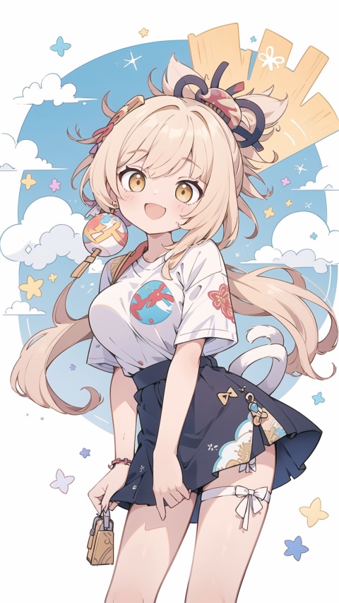  yoimiya (genshin impact),yellow eyes, yellow hair, hair ornament, solo, large breasts, legs, skirt, (long hair), white t-shirt, clear sky,

1girl, , white background, dynamic,clear sky,cheongsam,
simple background,white t-shirt,
simplecats, graffiti, dynamic, girl, clouds, 
open mouth, (laugh), 

scenery, masterpiece, best quality, best quality, no_humans, ,mjtyhz,shimonadaeki,simple details