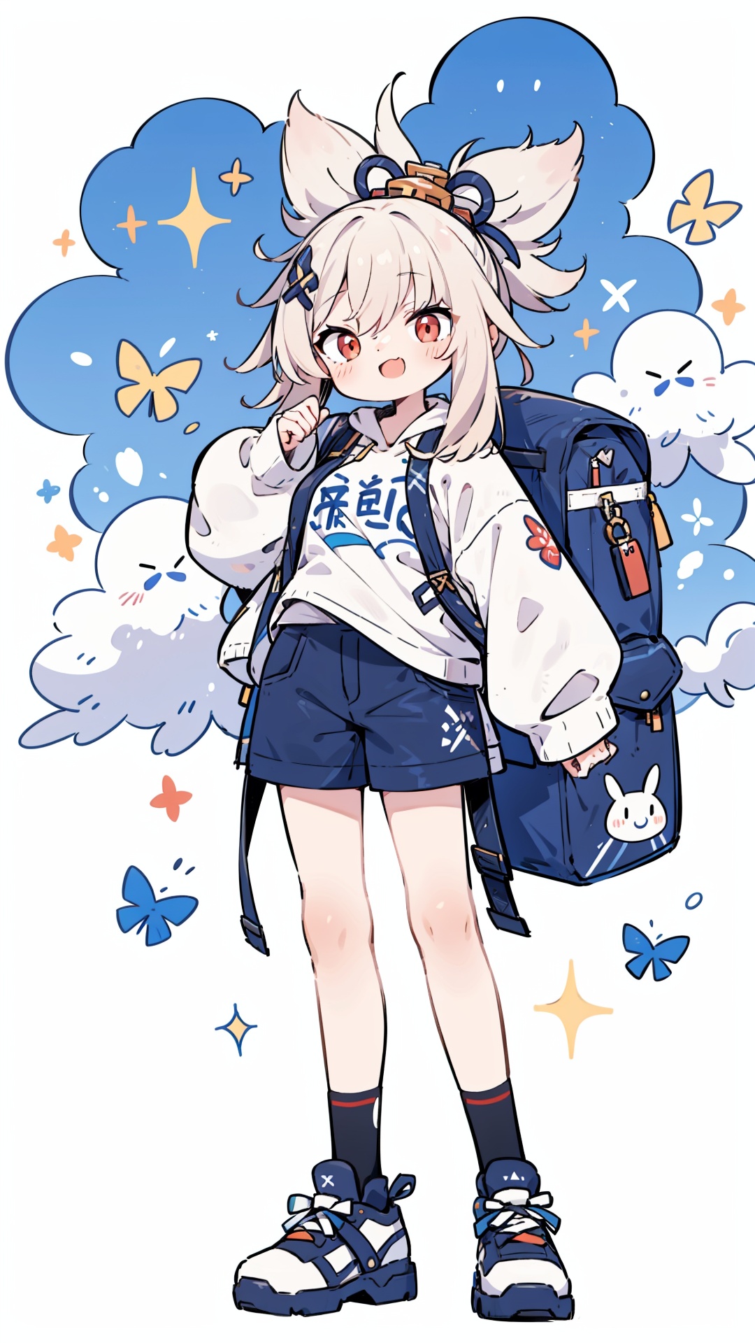  yoimiyadef, red eyes, yellow hair, hair ornament, shorts, solo, large breasts, legs,skirt, long hair,(white t-shirt) ,(black_hoodie),hair over one eye,

1girl,, white background,
simple background,Black hoodie with white t-shirt,,graffiti,dynamic,spreading,girl,sneakers,girl with 
black BackPack,clouds,
open mouth,laughing,full body,((street))

 scenery,masterpiece, best quality,masterpiece, best quality, no_humans,