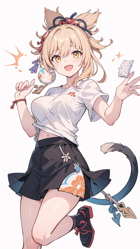 yoimiya (genshin impact),yellow eyes, yellow hair, hair ornament, solo, large breasts, legs, skirt, (long hair), white t-shirt, hair over one eye,

1girl, , white background, dynamic,
simple background,white t-shirt,
simplecats, graffiti, dynamic, girl, cloud, 
open mouth, (laugh), 

scenery, masterpiece, best quality, best quality, no_humans, ,mjtyhz,