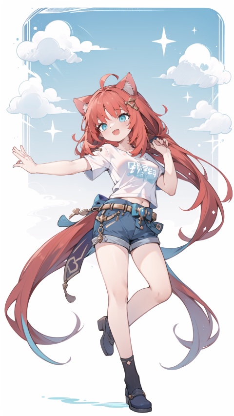 nilou \(genshin impact\),aqua eyes, red hair, hair ornament, solo, large breasts, legs, ((Shorts)), (long hair), white t-shirt, Ahoge ,cat ears,bare_shoulder,

1girl, ,dynamic,clear sky,
simple background,white t-shirt,
simplecats, clouds, 
open mouth, (laugh),dance,

,scenery, masterpiece, best quality, best quality, no_humans, ,mjtyhz,simple details,1girl, horns,red hair