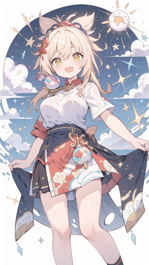  yoimiya (genshin impact),yellow eyes, yellow hair, hair ornament, solo, large breasts, legs, skirt, (long hair), white t-shirt, clear sky,

1girl, , white background, dynamic,clear sky,cheongsam,
simple background,white t-shirt,
simplecats, graffiti, dynamic, girl, clouds, 
open mouth, (laugh), 

scenery, masterpiece, best quality, best quality, no_humans, ,mjtyhz,shimonadaeki