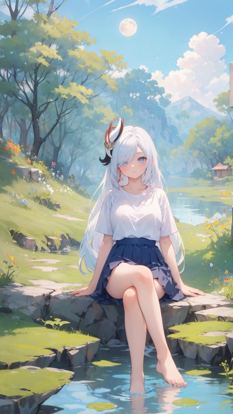 blue eyes, white hair, hair ornament, solo, large breasts, legs, (skirt), (long hair), (white t-shirt), hair over one eye,

,,,,closed mouth, ,solo, crossed legs, , legs, sitting, simple background, , looking at viewer, pond under feet,


masterpiece, best quality, scenery, 
, sitting moon, kyoushitsu, moon, no_humans,, long hair, shenhe (genshin impact), shenhe(genshin impact)