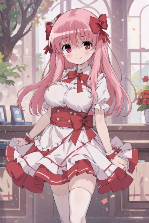  (masterpiece, best quality:1.2), , solo, 1girl, , smile, looking at viewer, red eyes, frilled dress, white thighhighs,nodoka haramura,Hair accessories,((large_breasts))
