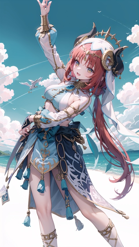  nilou \(genshin impact\),yellow eyes, red hair, hair ornament, twintails,solo, large breasts, legs,, (long hair), clear sky,veil,harem outfit,neck ring,jewelry,bare shoulders,long sleeves,crop top,brooch, bracer, gold trim,blue skirt,circlet,


,1girl, , (dynamic),clear sky,dance,
(simple background),
simplecats, graffiti, clouds,
open mouth, smile,((:})),,



,outdoor,scenery, masterpiece, best quality, best quality, no_humans, ,simple details,
