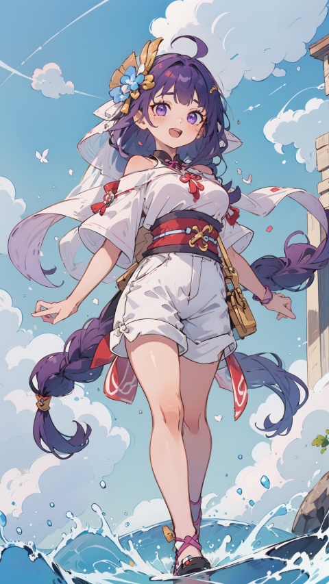  nilou \(genshin impact\),purple eyes, purple  hair, hair ornament, solo, large breasts, legs, ((Shorts)), (long hair), white t-shirt, Ahoge ,bare_shoulder,

1girl, ,dynamic,clear sky,
simple background,white t-shirt,
simplecats, clouds, 
open mouth, (laugh),dance,

,scenery, masterpiece, best quality, best quality, no_humans, ,mjtyhz,simple details,1girl, veil,haremoutfit,,shuixia,nilou \(genshin impact\)
