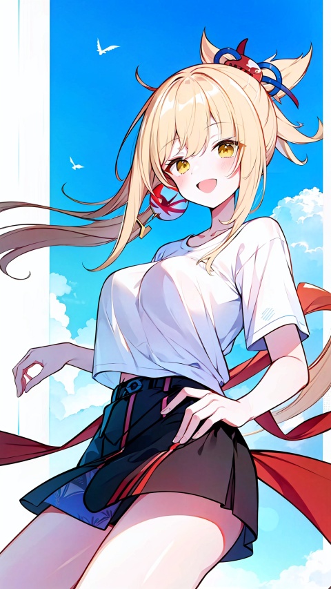  yoimiya (genshin impact),yellow eyes, yellow hair, hair ornament,aheago, solo, (large breasts), legs,(skirt), clear sky,

,1girl, , white background, ,clear sky,
simple background,blue background,((white t-shirt)),
simplecats,girl, clouds,((random pose)),
open mouth, (smile),(empty-handed),Hands in front of the chest,,

,scenery, masterpiece, best quality, best quality, no_humans, ,mjtyhz,,simple details,,,col,ANIME ,zgct color