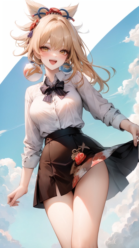  yoimiya (genshin impact),yellow eyes, yellow hair, hair ornament, solo, large breasts, legs, skirt, (long hair), clear sky,

,1girl, , white background, ((dynamic)),clear sky,
simple background,,
simplecats, graffiti, dynamic, girl, clouds, 
open mouth, (laugh), 

,scenery, masterpiece, best quality, best quality, no_humans, ,mjtyhz,shimonadaeki,simple details,