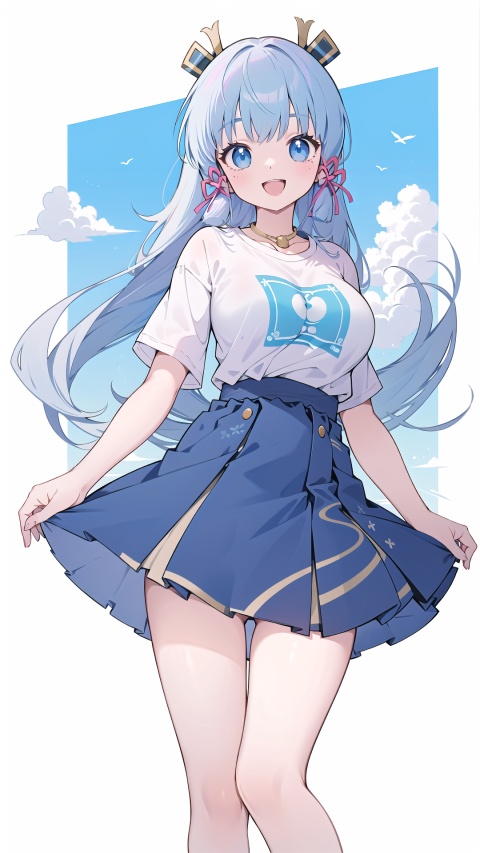  kamisato ayaka, blue eyes, blue hair, hair ornament, solo, large breasts, legs, skirt, (long hair), white t-shirt, 

1girl, , white background, dynamic,
simple background,white t-shirt,
simplecats, graffiti, dynamic, girl, ((cloud)), 
open mouth,smile,water ,(full boby),

scenery, masterpiece, best quality, best quality, no_humans, ,no_humans,nayutaren