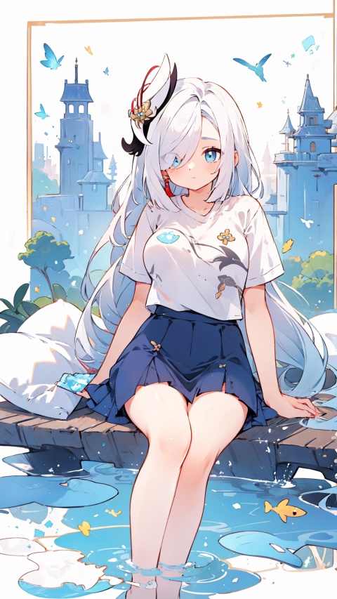 blue eyes, white hair, hair ornament, solo, large breasts, legs, (skirt), (long hair), (white t-shirt), hair over one eye,

,,,,closed mouth, ,solo, , , legs, sitting, simple background, , looking at viewer, pond under feet,pillow,,,,,


masterpiece, best quality, scenery, 
, , kyoushitsu,, no_humans,, long hair, shenhe (genshin impact), 