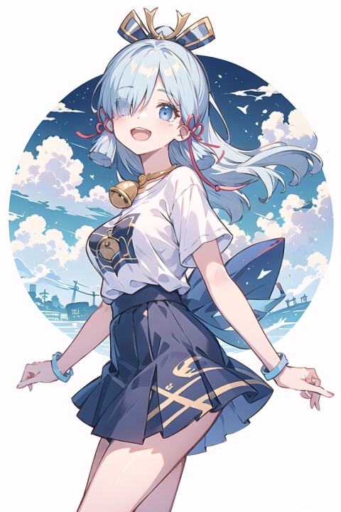  kamisato ayaka, blue eyes, blue hair, hair ornament, solo, large breasts, legs, skirt, (long hair), white t-shirt, hair over one eye,

1girl, , white background, dynamic,
simple background,white t-shirt,
simplecats, graffiti, dynamic, girl, (clouds),aeolian bells ,
open mouth, (laugh), full boby,

scenery, masterpiece, best quality, best quality, no_humans, ,yifu,cozy animation scenes