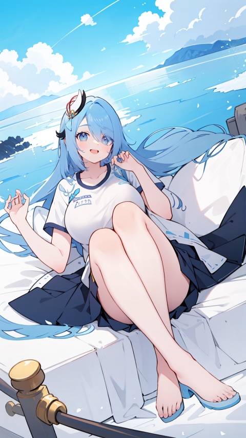  blue eyes, blue hair, hair ornament, solo, large breasts, legs, (skirt), (long hair), (white t-shirt), hair over one eye,

1girl, , ,dance,dynamic
, white t-shirt, , , , , ,girl, cloud, , , cumulonimbus, , coast,
open mouth, , skyscape , smile,,,,,

,,,,scenery, masterpiece, best quality, best quality, no_humans, , shenhe(genshin impact), , simple details