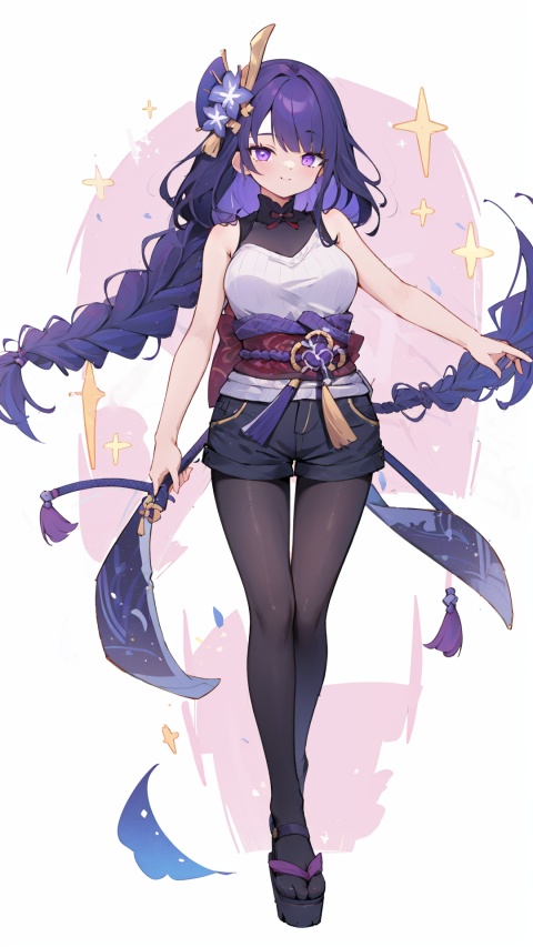  bare shoulders, hair over one eye, 1girl, raiden shogun,black footwear, sleeveless sweater, purple eyes, hair ornament ,,,black pantyhose, shorts, purple hair, large breasts,,,sleeveless, skirt, long hair,,clogs,,


,,dynamic,dance,open mouse,smile ,laugh ,solo, , , legs, simple background, , looking at viewer, ,open mouse,,,


masterpiece, best quality, scenery, 
, ,,, no_humans,, long hair,long hair, japanese clothes, braided ponytail
