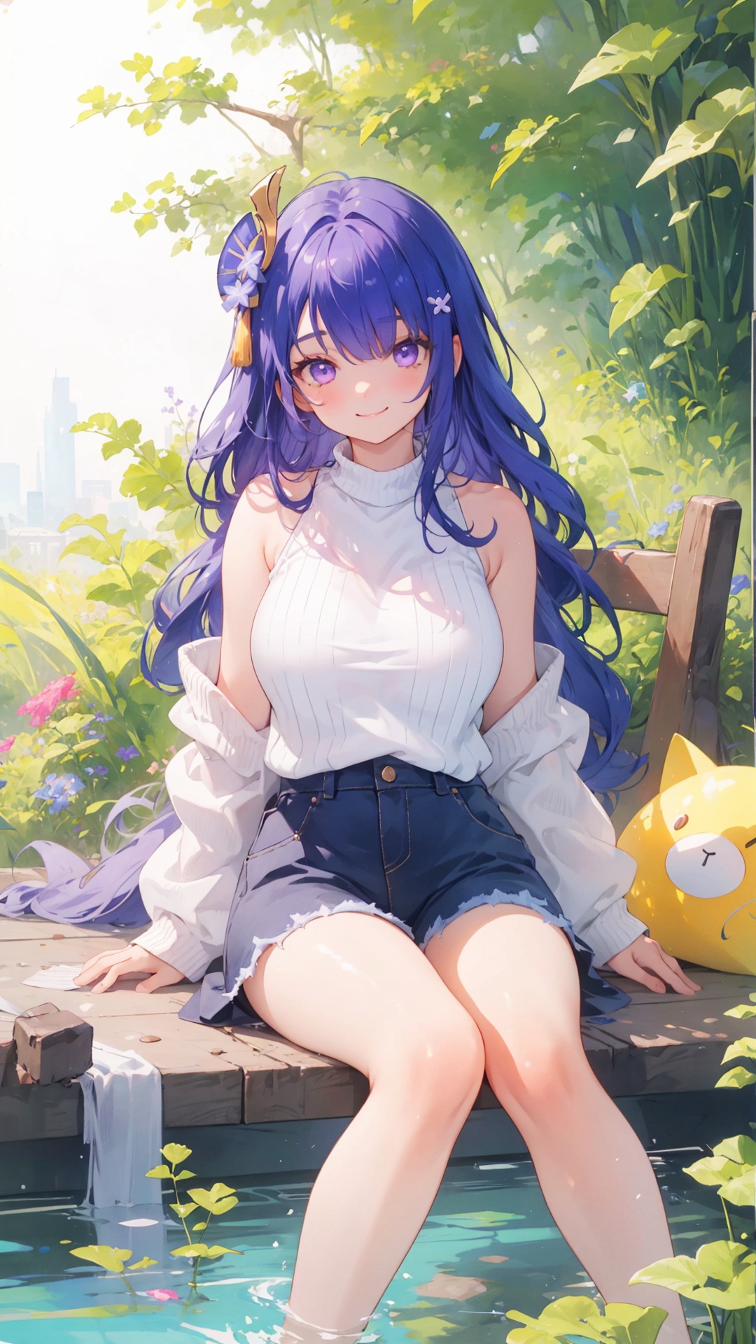 bare shoulders, hair over one eye, 1girl, white background,  raiden shogun,white footwear, sleeveless sweater, purple eyes, hair ornament ,,,pantyhose, shorts, purple hair, large breasts,,,sleeveless, skirt, long hair


,,,,smile ,laugh ,solo, , , legs, sitting, simple background, , looking at viewer,  pond under feet,pillow,,,,


masterpiece, best quality, scenery, 
,  kyoushitsu,,, no_humans,, long hair, 