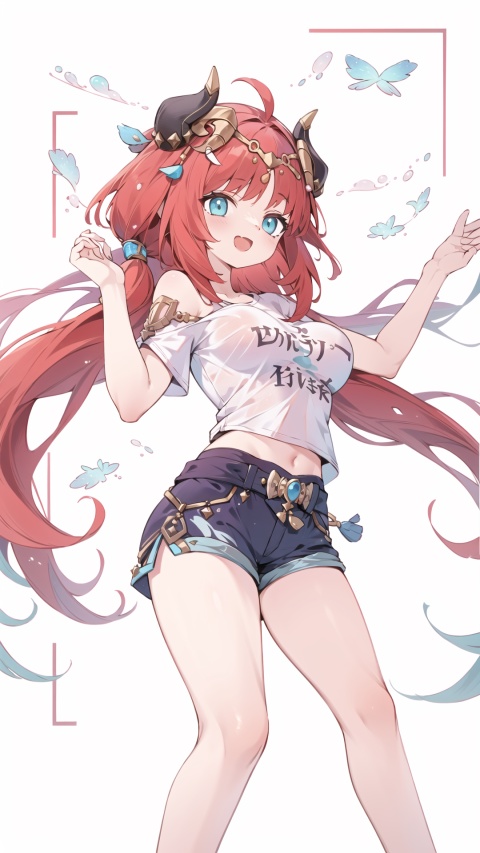 nilou \(genshin impact\),aqua eyes, red hair, hair ornament, solo, large breasts, legs, ((Shorts)), (long hair), white t-shirt, Ahoge ,bare_shoulder,

1girl, ,dynamic,clear sky,
simple background,white t-shirt,
simplecats, clouds, 
open mouth, (laugh),dance,

,scenery, masterpiece, best quality, best quality, no_humans, ,mjtyhz,simple details,1girl, horns,red hair