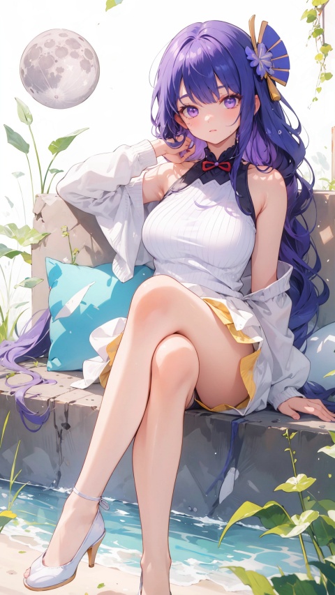 bare shoulders, hair over one eye, 1girl, white background,  raiden shogun,white footwear, sleeveless sweater, purple eyes, hair ornament ,,,pantyhose, high heels, shorts, purple hair, large breasts,,,sleeveless, skirt, long hair


,,,,closed mouth, ,solo, crossed legs, , legs, sitting, simple background, , looking at viewer, 


masterpiece, best quality, scenery, 
, sitting moon, kyoushitsu, moon, no_humans,, long hair, 