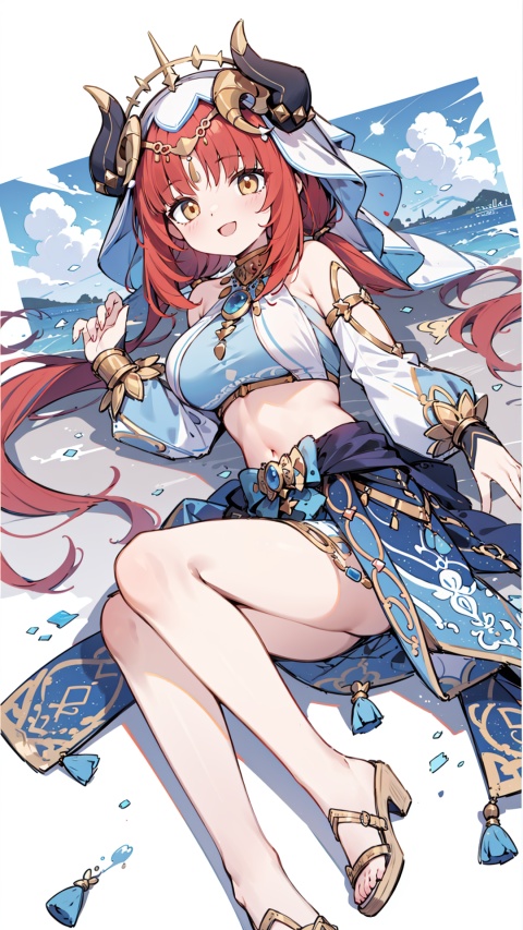  nilou \(genshin impact\),yellow eyes, red hair, hair ornament, twintails,solo, large breasts, legs,, (long hair), clear sky,veil,harem outfit,neck ring,jewelry,bare shoulders,long sleeves,crop top,brooch, bracer, gold trim,blue skirt,circlet,


,1girl, , (dynamic),clear sky,
simple background,
simplecats, graffiti, clouds,
open mouth, smile,((:})),,,,((lying)),



,outdoor,scenery, masterpiece, best quality, best quality, no_humans, ,simple details,


, horns,seecolor