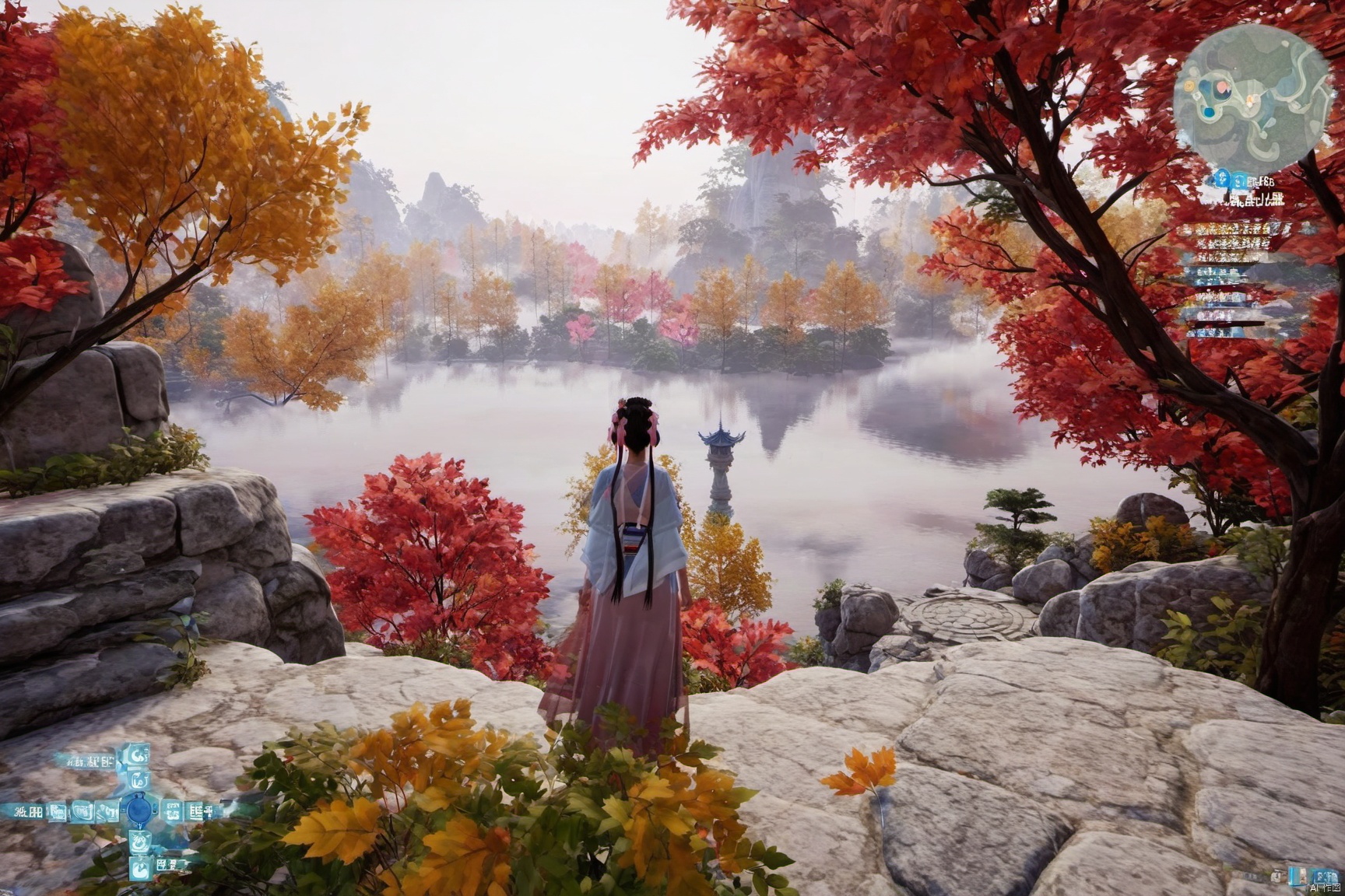  RPG,Trees, red leaves, maple trees, maple leaves, cliff edge, a girl, white clothes, pink ribbon, long skirt, back to the audience, third person perspective, stones, pavilions, lakes, mist, West Lake architecture, yellow trees, mountains,health bar, user interface