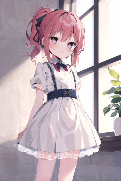  (best quality), ((masterpiece)), (highres), standing, original, extremely detailed wallpaper, (an extremely delicate and beautiful), loli, (petite:1.2), red hair, goden eyes,dress,high ponytail, white collared shirt, 