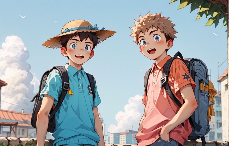  2boys,Male focus,gay,Outdoor, sun hat, backpack, travel,