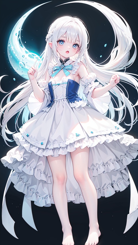 1girl,white_gloves,braid,full_body,gloves,long_hair,official_alternate_costume,pointy_ears,simple_background,solo,standing,very_long_hair,white_background,white hair,blue eyes,paw claw pose,open_mouth,cuteloli