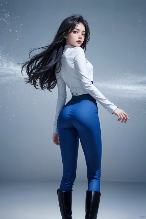 looking back,
1girl,bodycon,long sleeves top,blue pants,very long legs,pointed kneeboots, standing at attention,looking at viewer,
