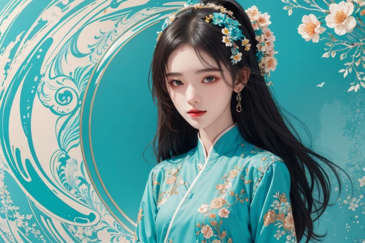  masterpiece, best quality, 1girl, flowers, flat color, lineart, abstract, ornate, Aqua theme, jujingyi