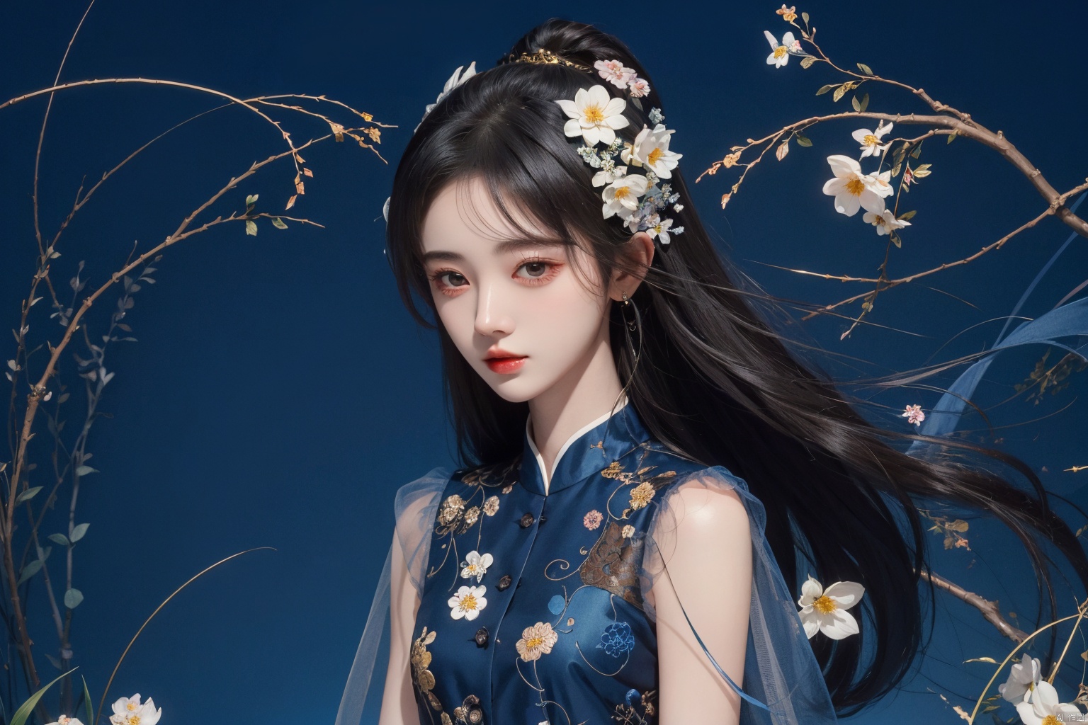  masterpiece, best quality, 1girl, flowers, flat color, lineart, abstract, ornate, blue theme, jujingyi