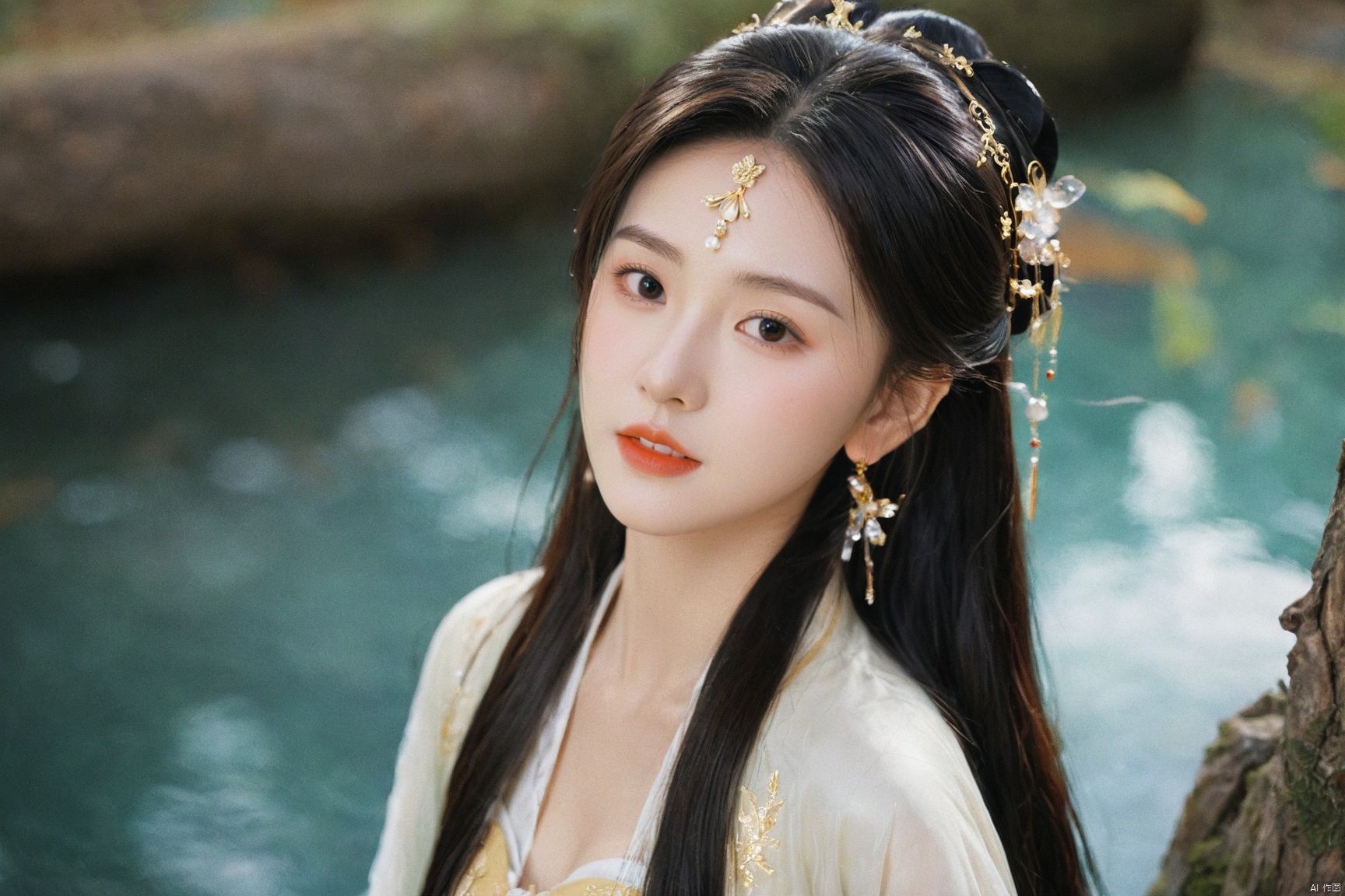  1girl,****_female,looking at viewer,standing,black,gold,gold hairpin,face focus,Redlips,((upper_body:0.9)),full breasts, (medium breasts:1.2),long hair,eyes,Colored pupil,earrings,jewelry,earrings,jewelry,(perfect face), shiny skin, 
dress, hanfu, 
forest,water, wet, 
masterpiece, best quality,depth of field, cinematic composition, best lighting,light master,RAW photo, dslr, film grain, Fujifilm XT3, night shot, light master,daxiushan,daxiushan style,hanfu, g001