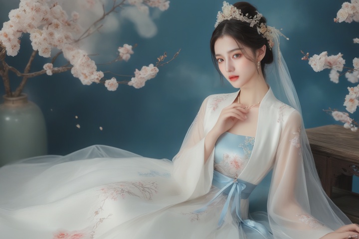  masterpiece, The best quality, 1girl, luxurious wedding dress, dreamy scene, white background, front viewer, looking at viewer, Flowers, romantic, Bride, Translucent white turban, UHD, 16k, , sparkling dress, yunbin, full_body, white stockings, , chinese dress,white dress,
chinese clothes,dress,white dress,floral print,china dress,blue dress,hanfu,long sleeves,print dress,robe,skirt,sleeveless dress,widesleeves, weddingdress, jinchen, see-through, tutult, qingsha, tutultb, xinniang