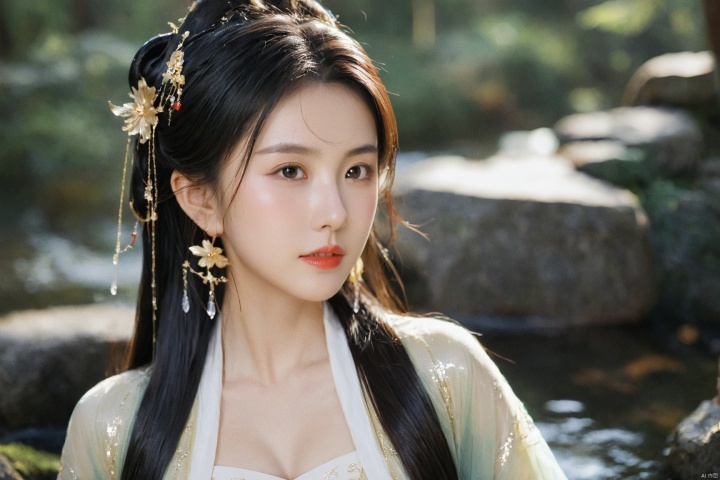  1girl,sole_female,looking at viewer,standing,black,gold,gold hairpin,face focus,Redlips,((upper_body:0.9)),full breasts, (medium breasts:1.2),long hair,eyes,Colored pupil,earrings,jewelry,earrings,jewelry,(perfect face), shiny skin, 
dress, hanfu, 
forest,water, wet, 
masterpiece, best quality,depth of field, cinematic composition, best lighting,light master,RAW photo, dslr, film grain, Fujifilm XT3, night shot, light master,daxiushan,daxiushan style,hanfu, g001