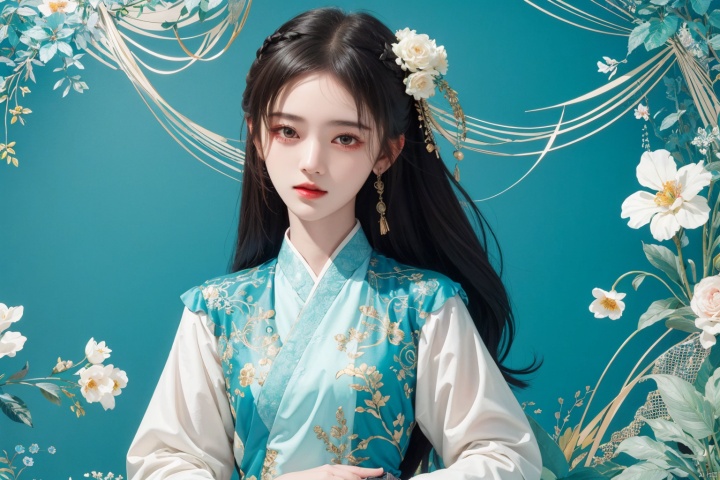  masterpiece, best quality, 1girl, flowers, flat color, lineart, abstract, ornate, Aqua theme, jujingyi