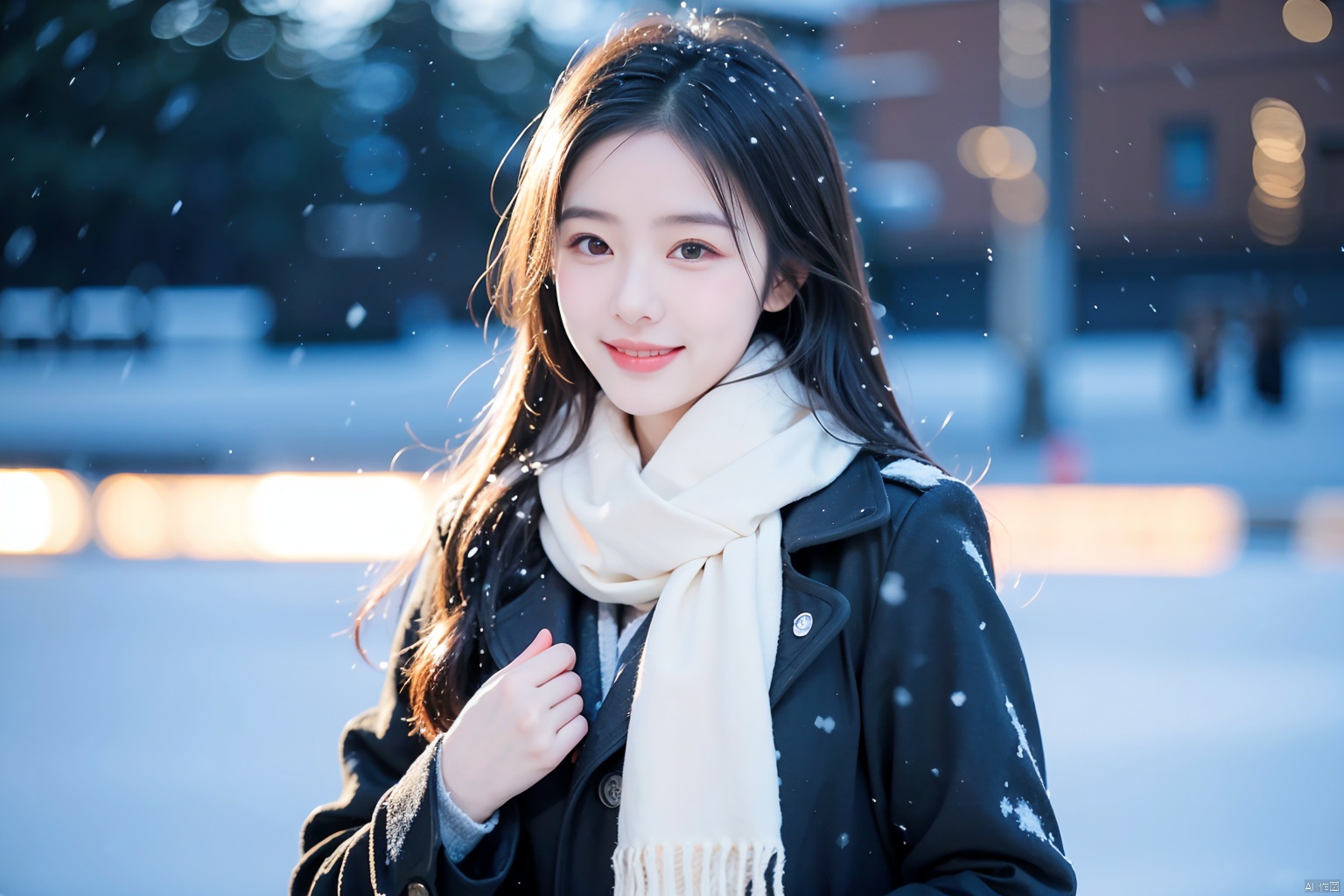  1girl,(snow:1.2),(snowing:1.2),snow,solo,scarf,long hair,smile,brown hair,bokeh,realistic,coat,blurry,