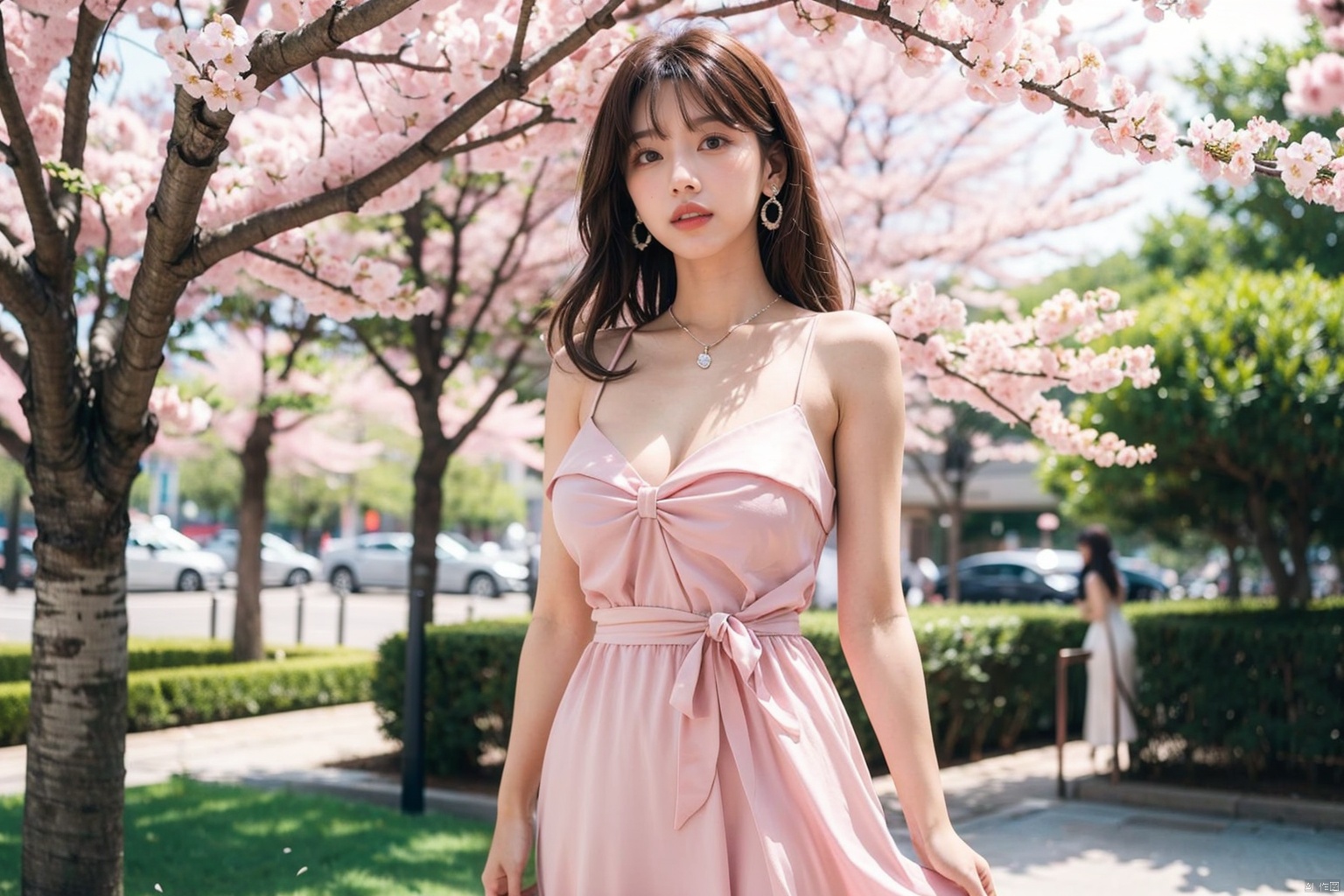  1 Girl, solo, large breasts,, brown hair, dress, (pink dress),Exquisite and delicate dress,Bow decoration,, jewelry, necklace, outdoor, reality, brown eyes, cleavage, parted lips, (cherry blossom), blur, earrings, blurred background, tree, long hair, (bare shoulders, sleeveless), shoulder off, collarbone, daytime, looking at the audience, flowers,, (Narrow waist),,,,Exquisite and delicate fingers,