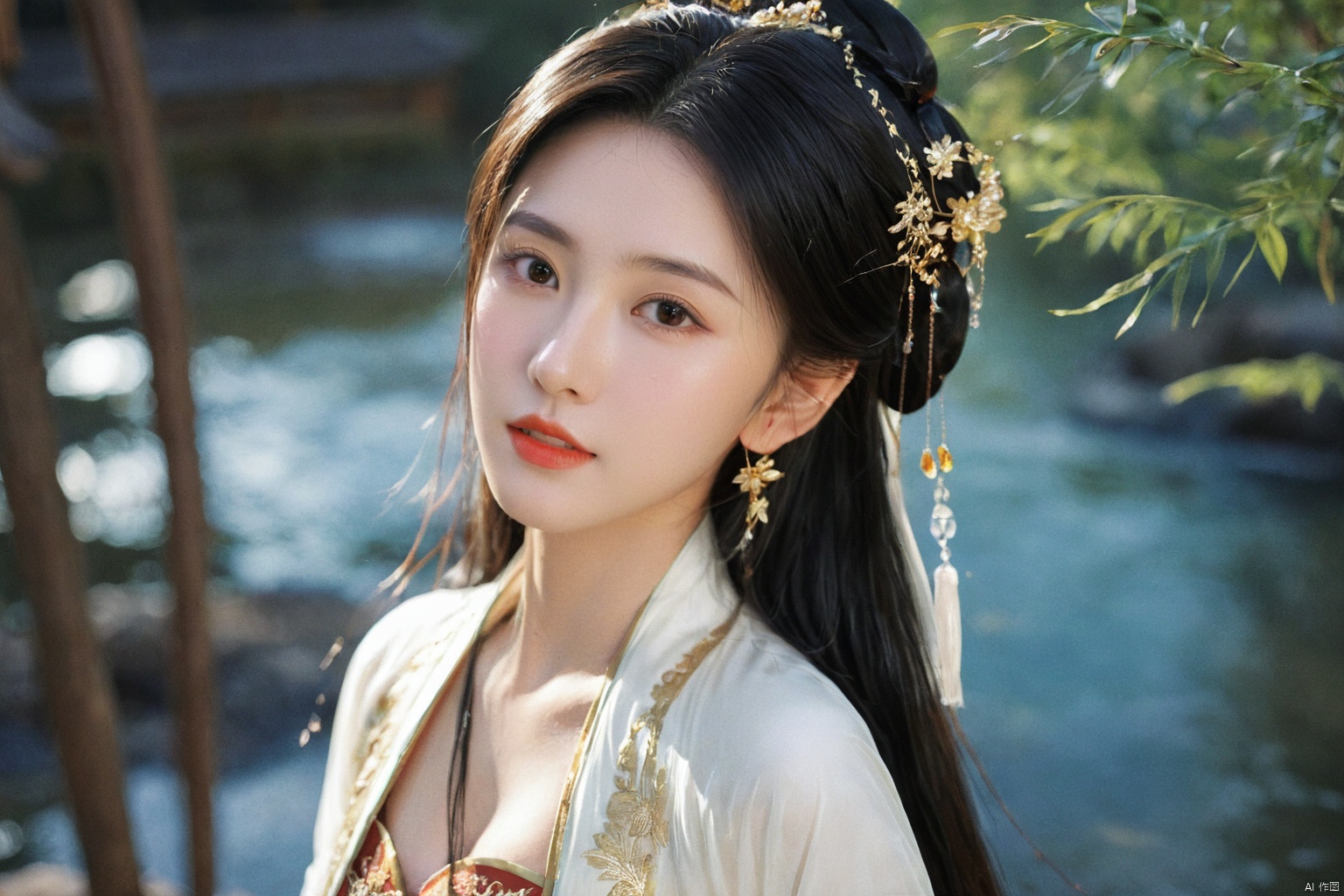  1girl,****_female,looking at viewer,standing,black,gold,gold hairpin,face focus,Redlips,((upper_body:0.9)),full breasts, (medium breasts:1.2),long hair,eyes,Colored pupil,earrings,jewelry,earrings,jewelry,(perfect face), shiny skin, 
dress, hanfu, 
forest,water, wet, 
masterpiece, best quality,depth of field, cinematic composition, best lighting,light master,RAW photo, dslr, film grain, Fujifilm XT3, night shot, light master,daxiushan,daxiushan style,hanfu, g001