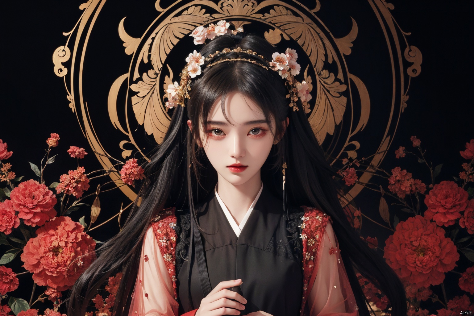  masterpiece, best quality, 1girl, flowers, flat color, lineart, abstract, ornate, black theme, jujingyi